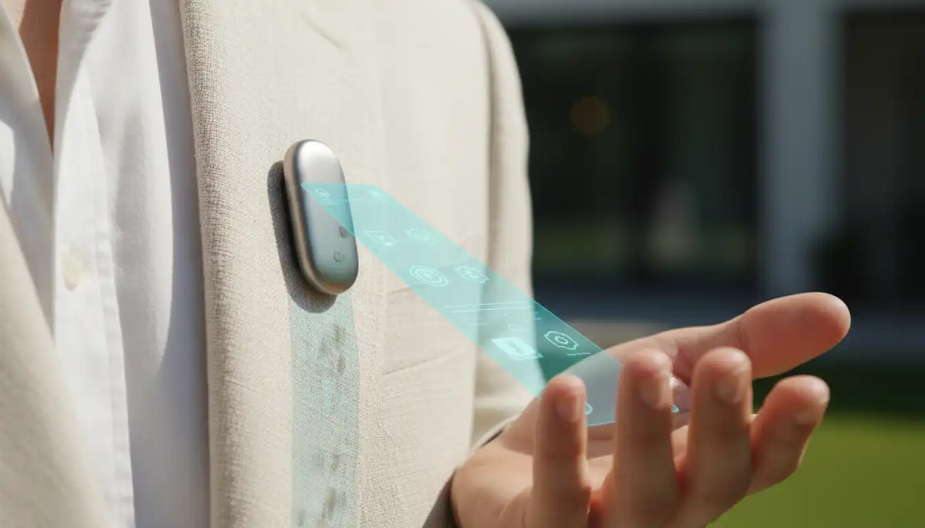 A sleek AI pin projecting a holographic interface onto a hand