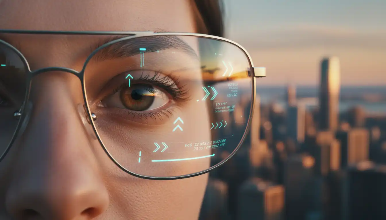 Person wearing fashionable AR glasses with subtle data overlays