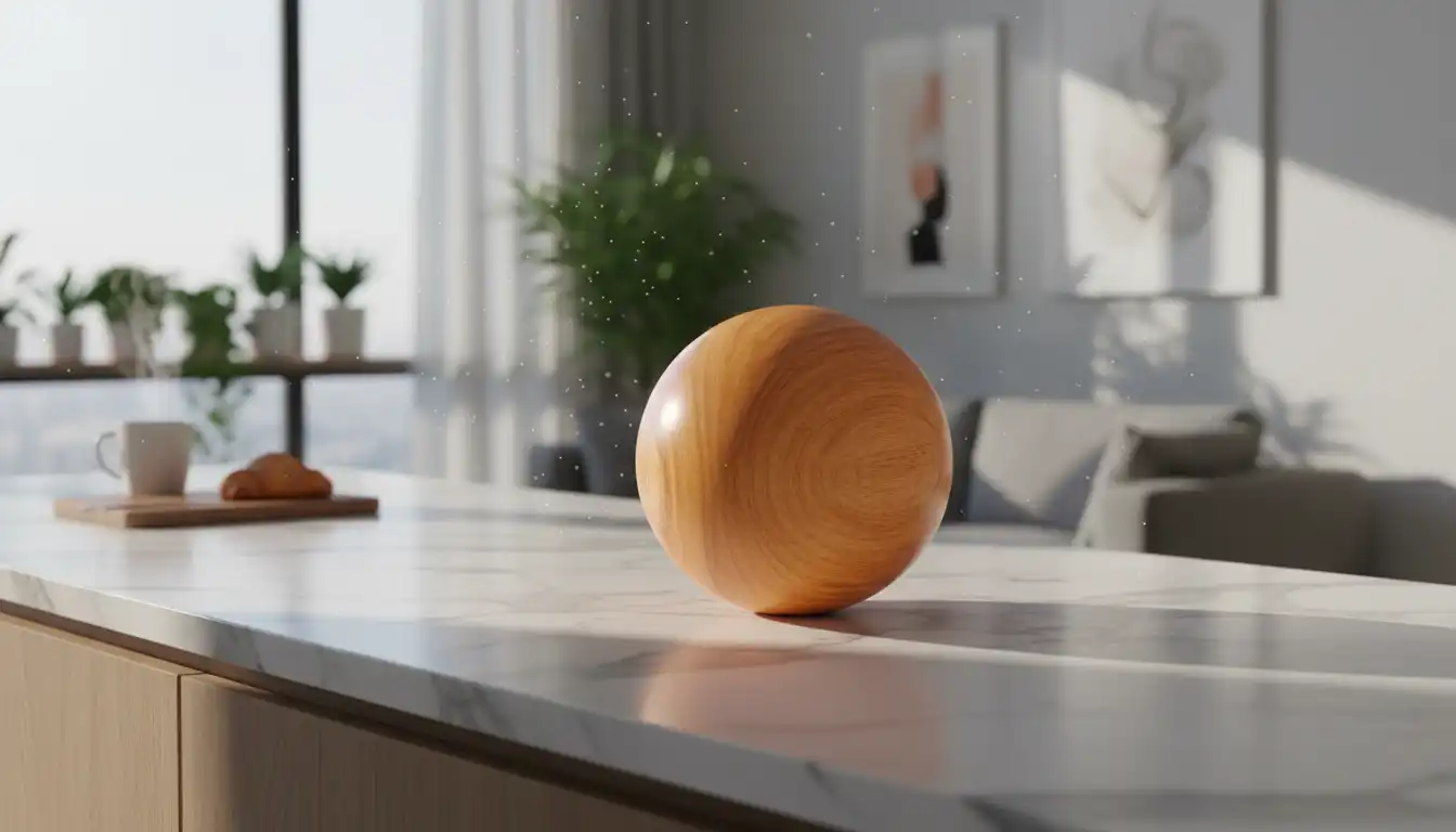 Minimalist glowing orb on a marble kitchen island