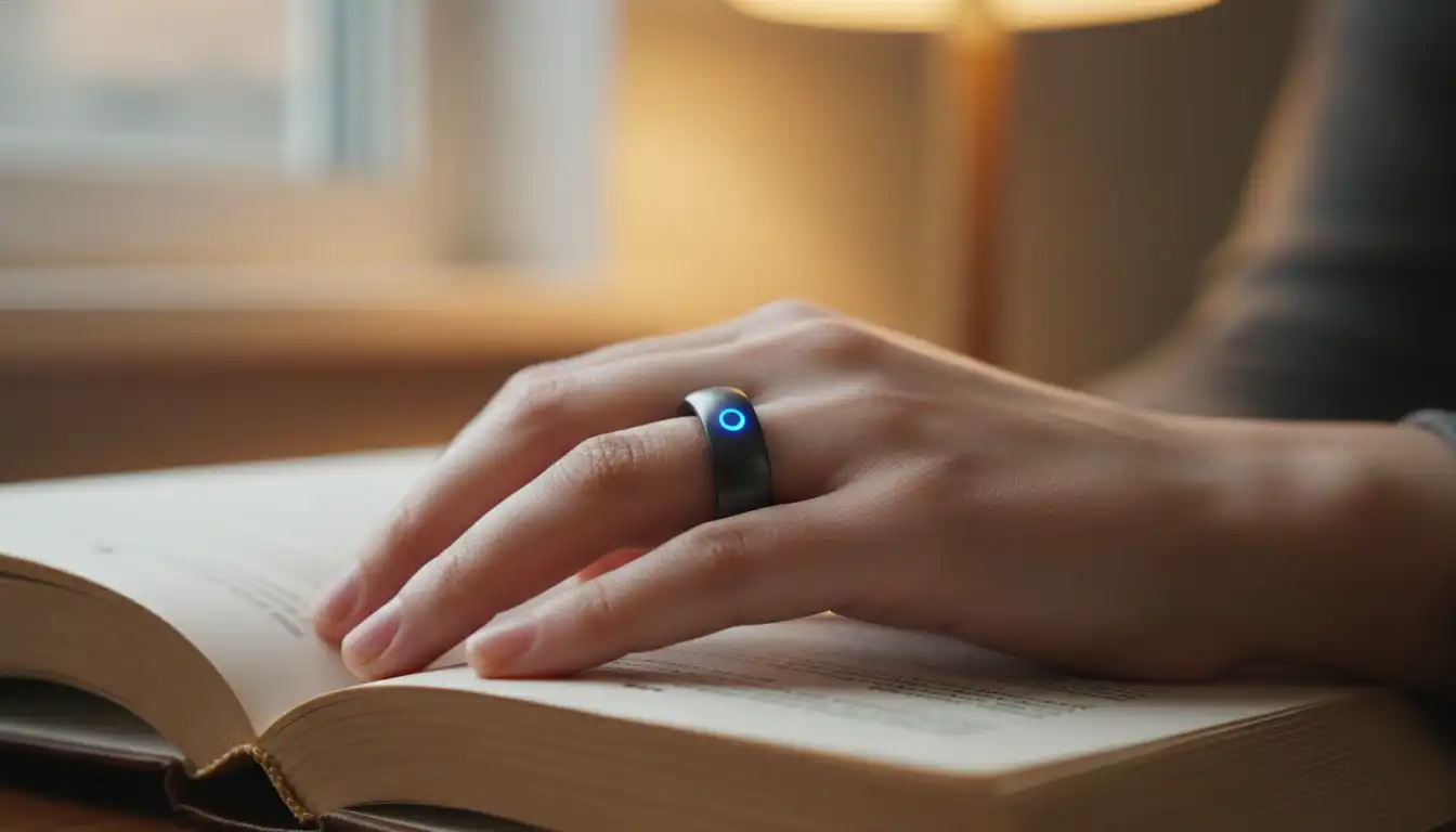 Ceramic smart ring with a tiny LED on a person's hand