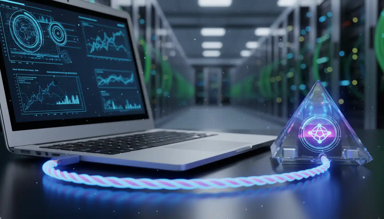 Laptop connected to a glowing external device with fiber optic cable