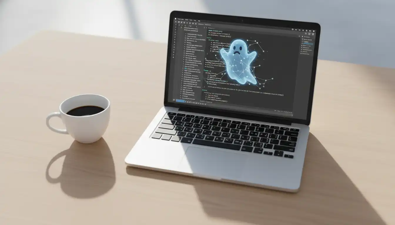 Top-down shot of a minimalist desk with a laptop writing code