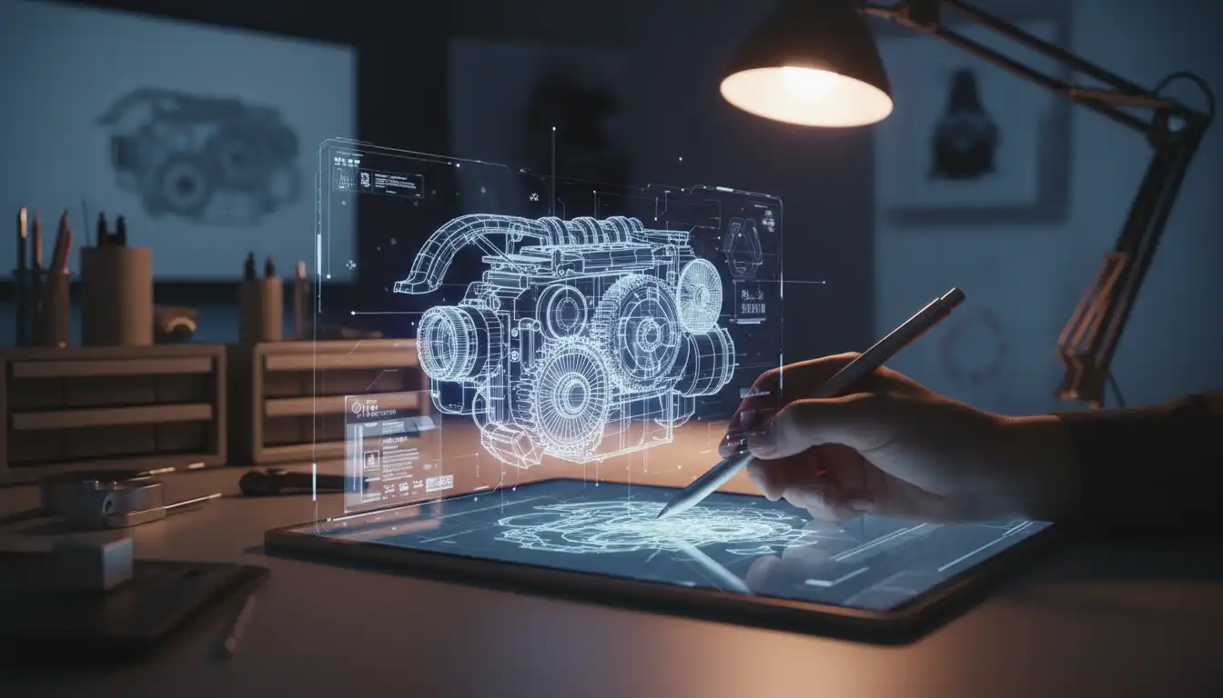 Designer using a stylus on a tablet with 3D wireframes