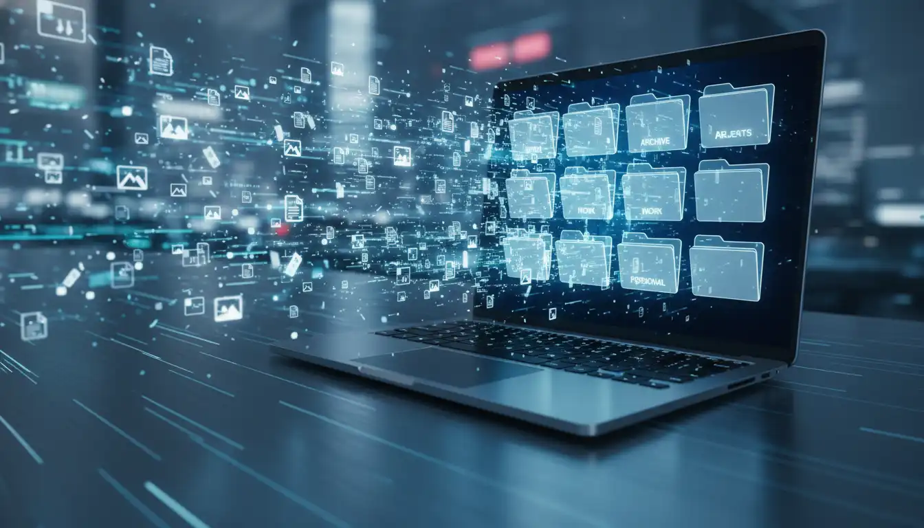 Visual metaphor of digital files organizing themselves into folders