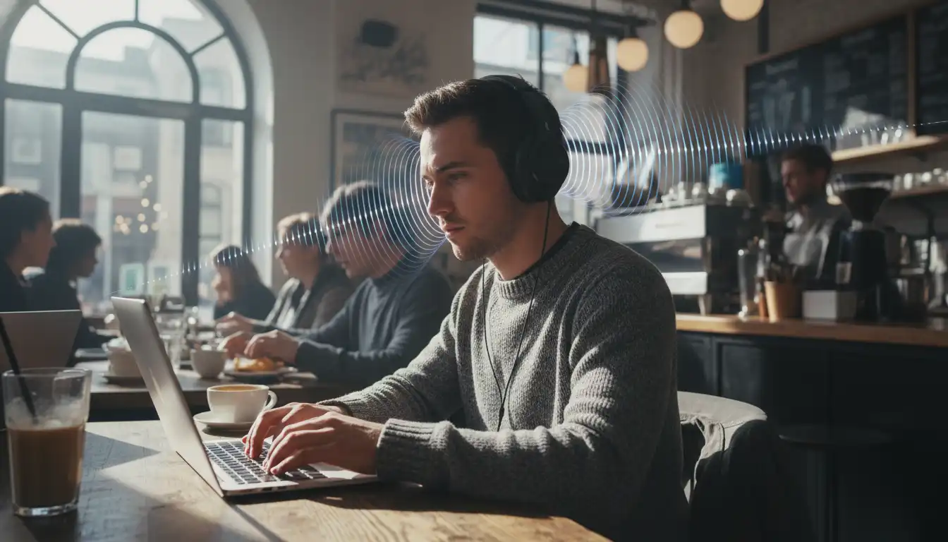 Person working in a loud coffee shop with sleek headphones