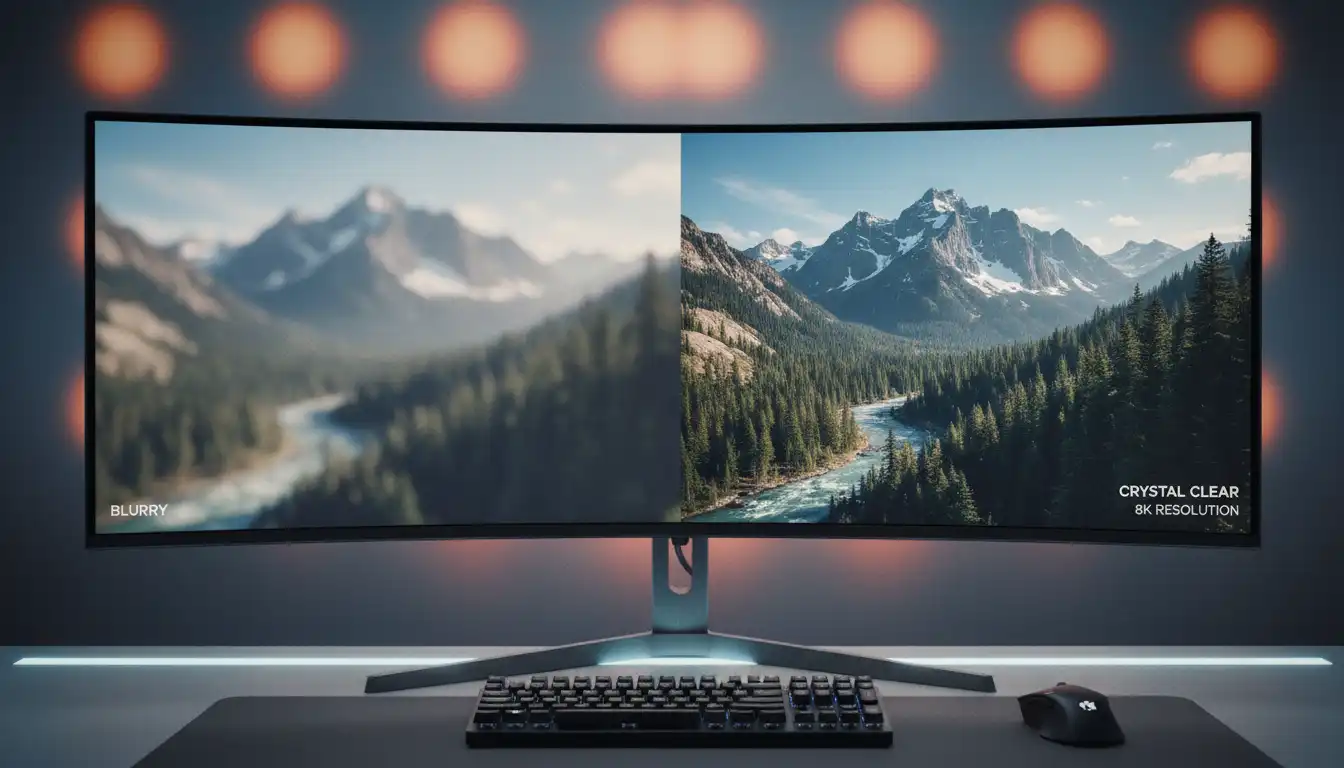Split screen showing low resolution vs 8K crystal clear landscape