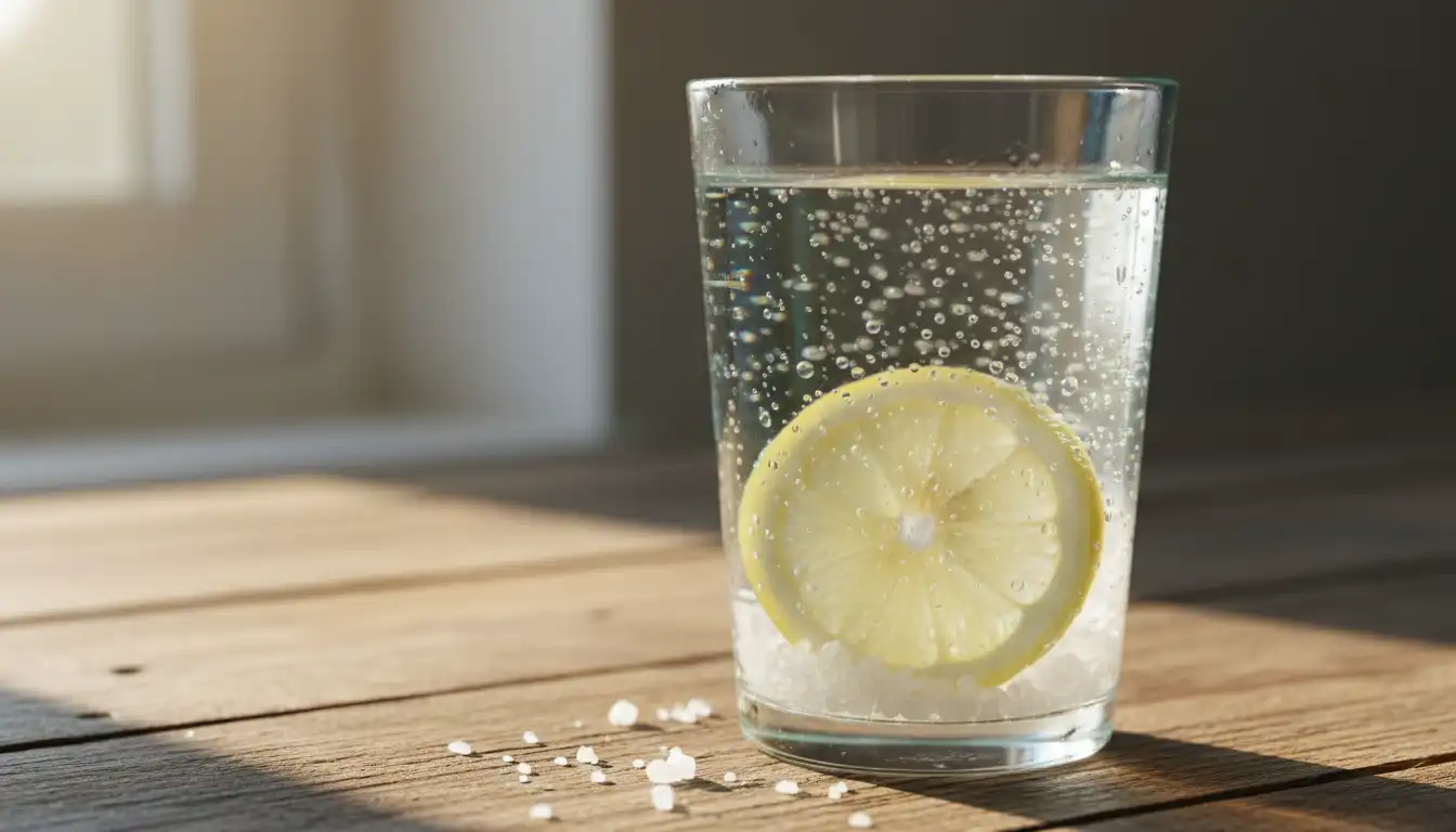 A glass of water with lemon and a pinch of sea salt on a wooden table