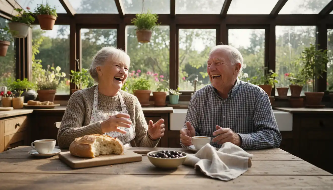 A senior couple smiling and talking over breakfast