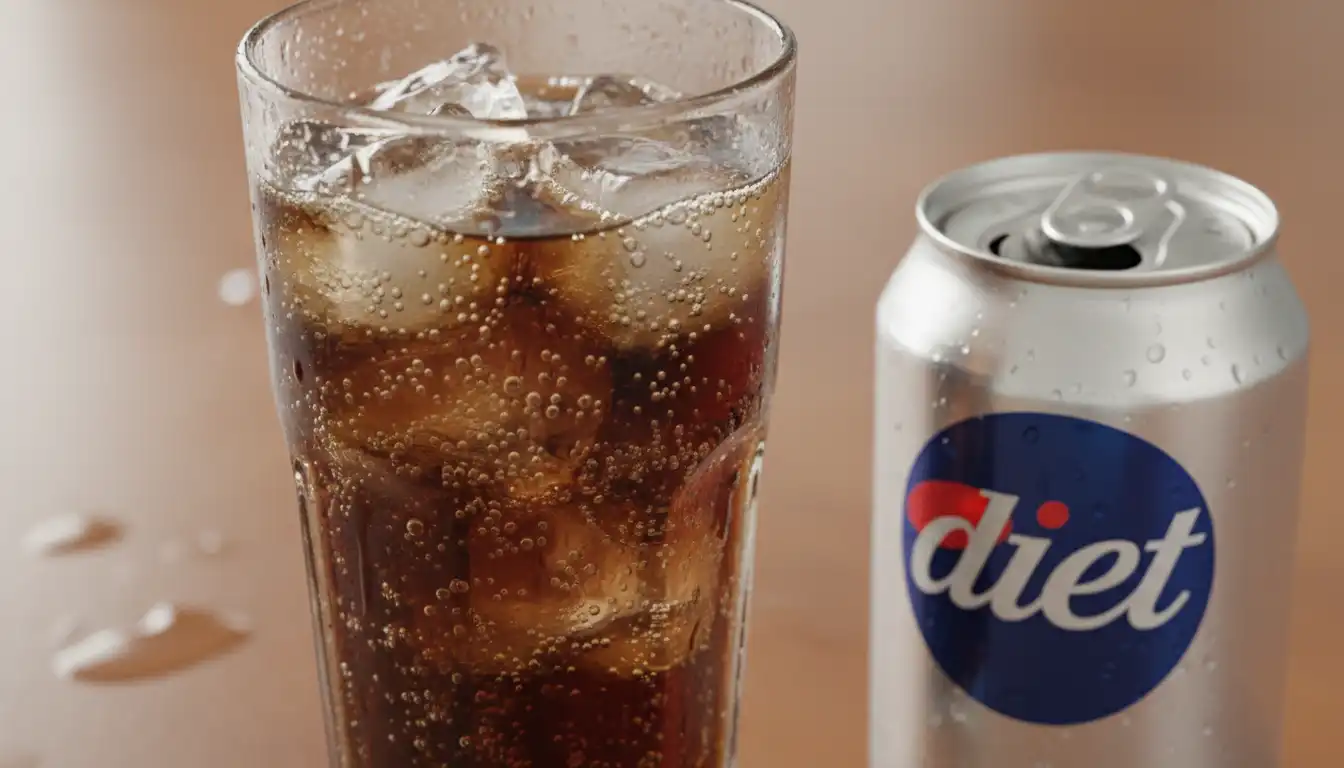 A glass of soda with ice and a diet label