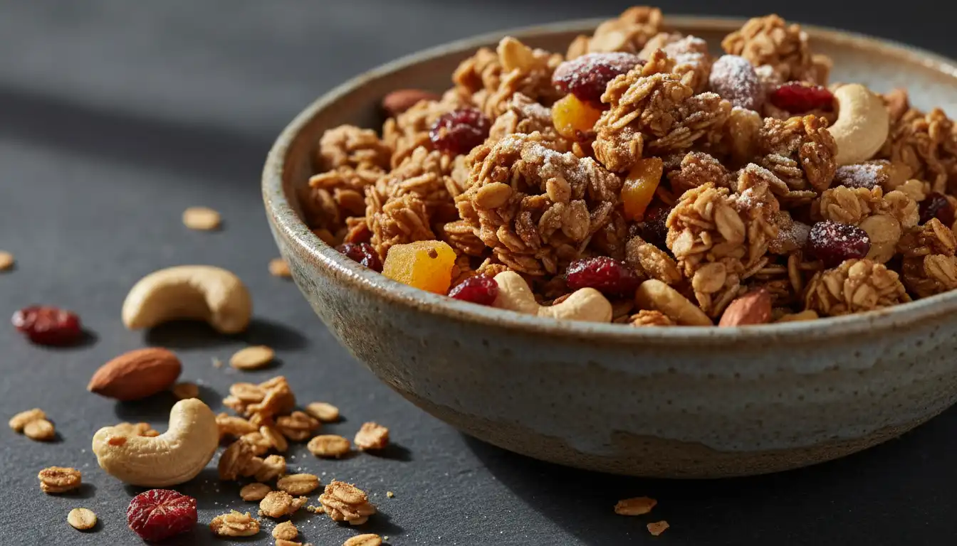 Close up of crunchy granola with dried fruits