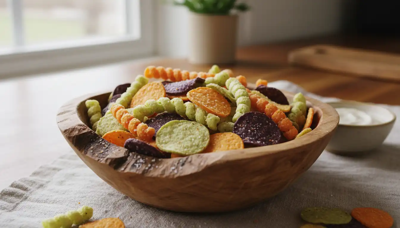 Multi-colored veggie straws in a bowl