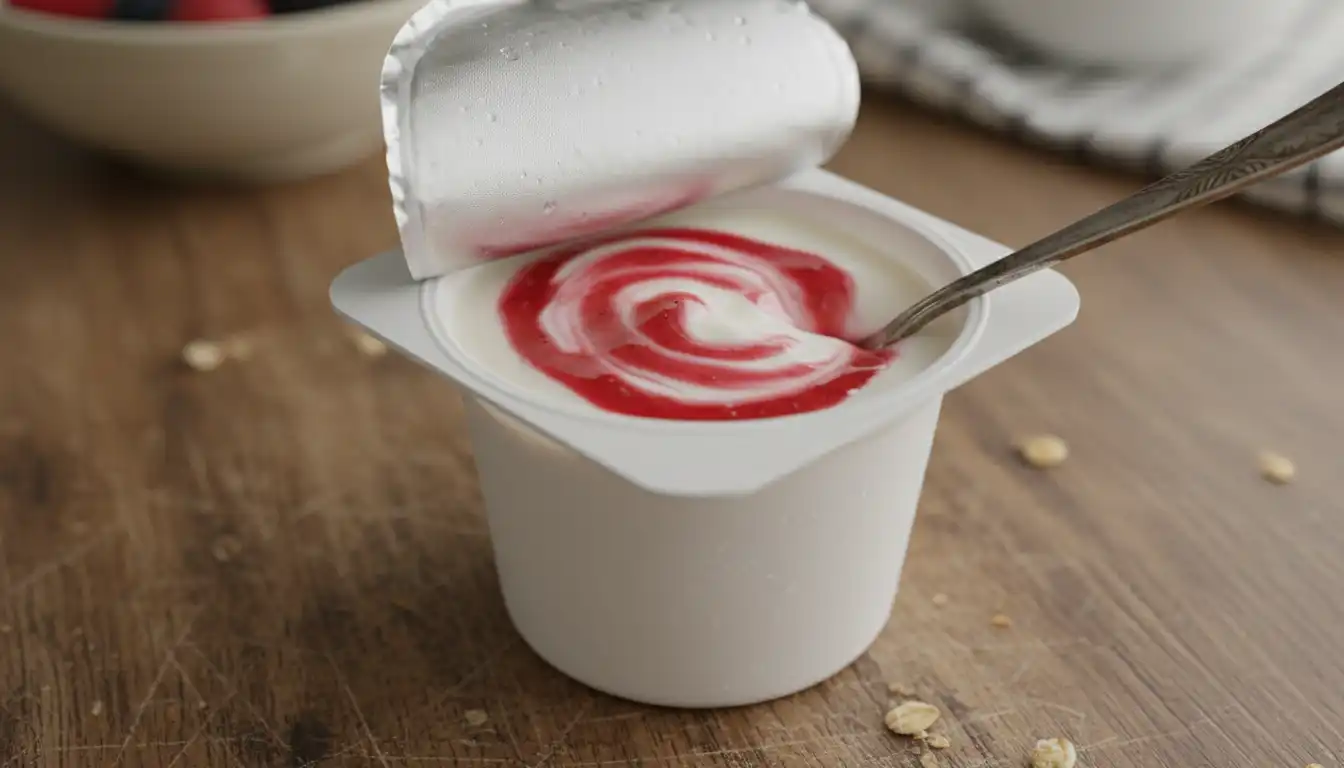 Strawberry flavored yogurt in a plastic cup